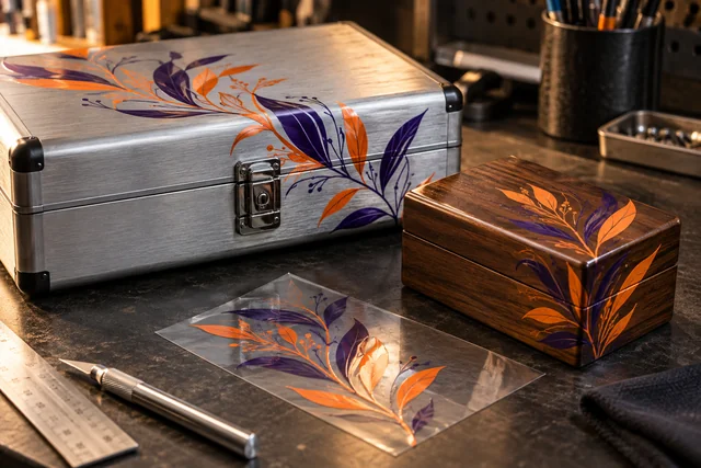 Coffrets en métal et en bois personnalisés avec des motifs UV DTF orange et violet