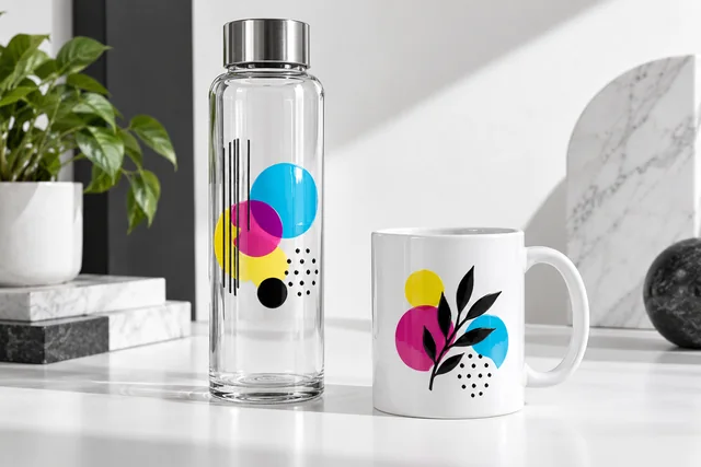 Bouteille en verre et tasse en céramique personnalisées avec des motifs DTF UV