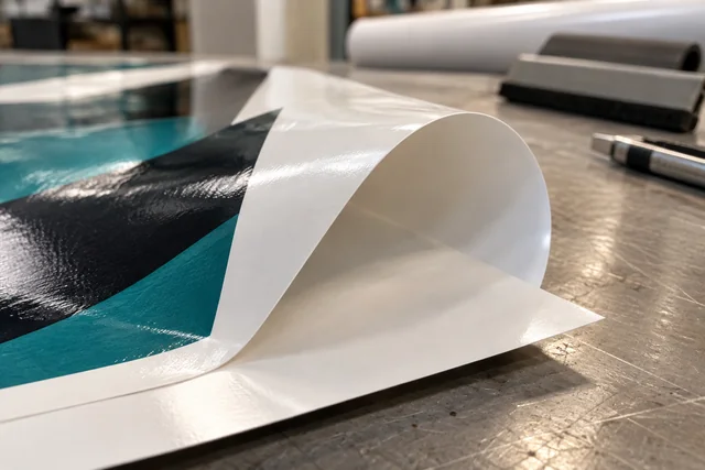 Gros plan d’un vinyle blanc brillant imprimé, courbé sur un établi