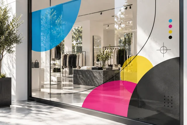 Vitrine habillée de vinyle imprimé aux couleurs CMJN