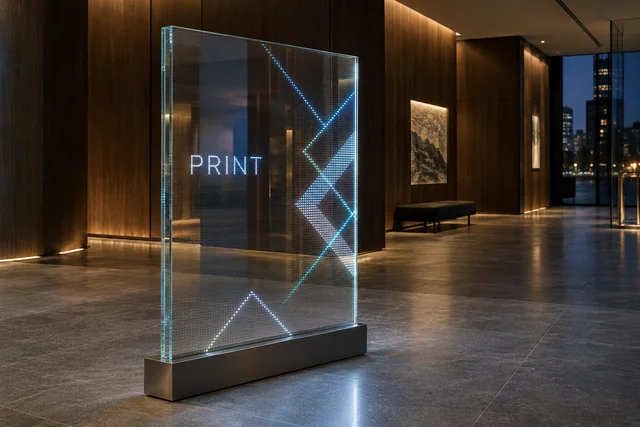 Panneau GlassLED transparent avec sa propre vitre rigide sur socle dans un hall