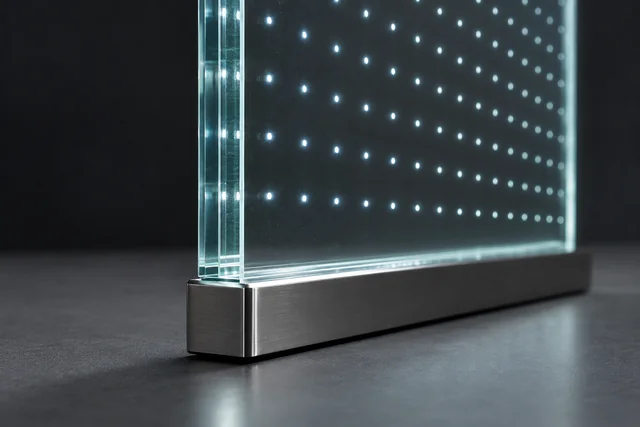 Détail du bord d’une vitre rigide GlassLED avec ses points lumineux