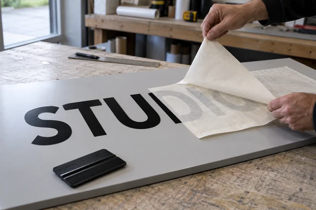 Pose d’un lettrage en vinyle découpé sur un panneau rigide à l’aide de papier de transfert