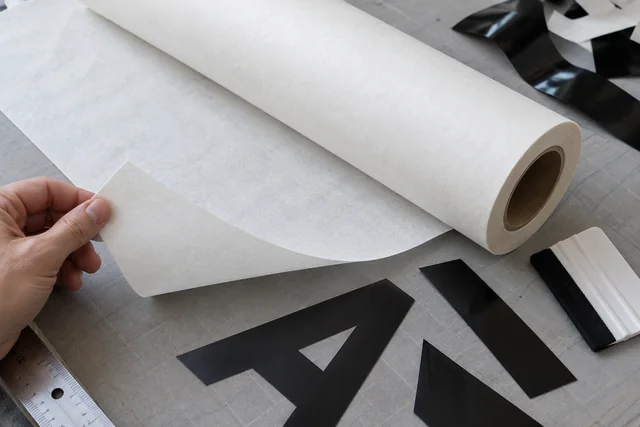 Rouleau de papier de transfert blanc mat à côté de lettrages en vinyle découpé
